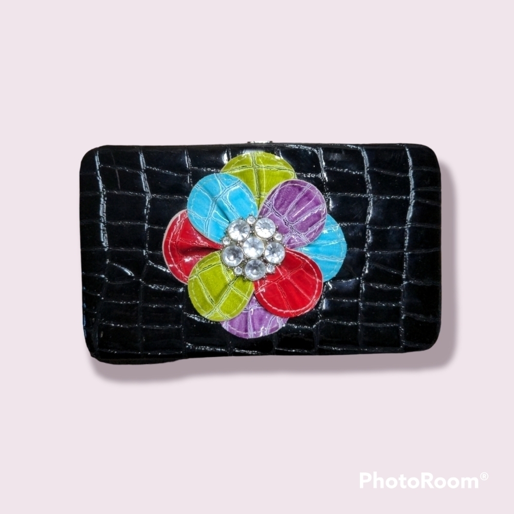 ALLIGATOR SNAP WALLET ~1995 Rhinestone Flower Faux Alligator Skin Wallet